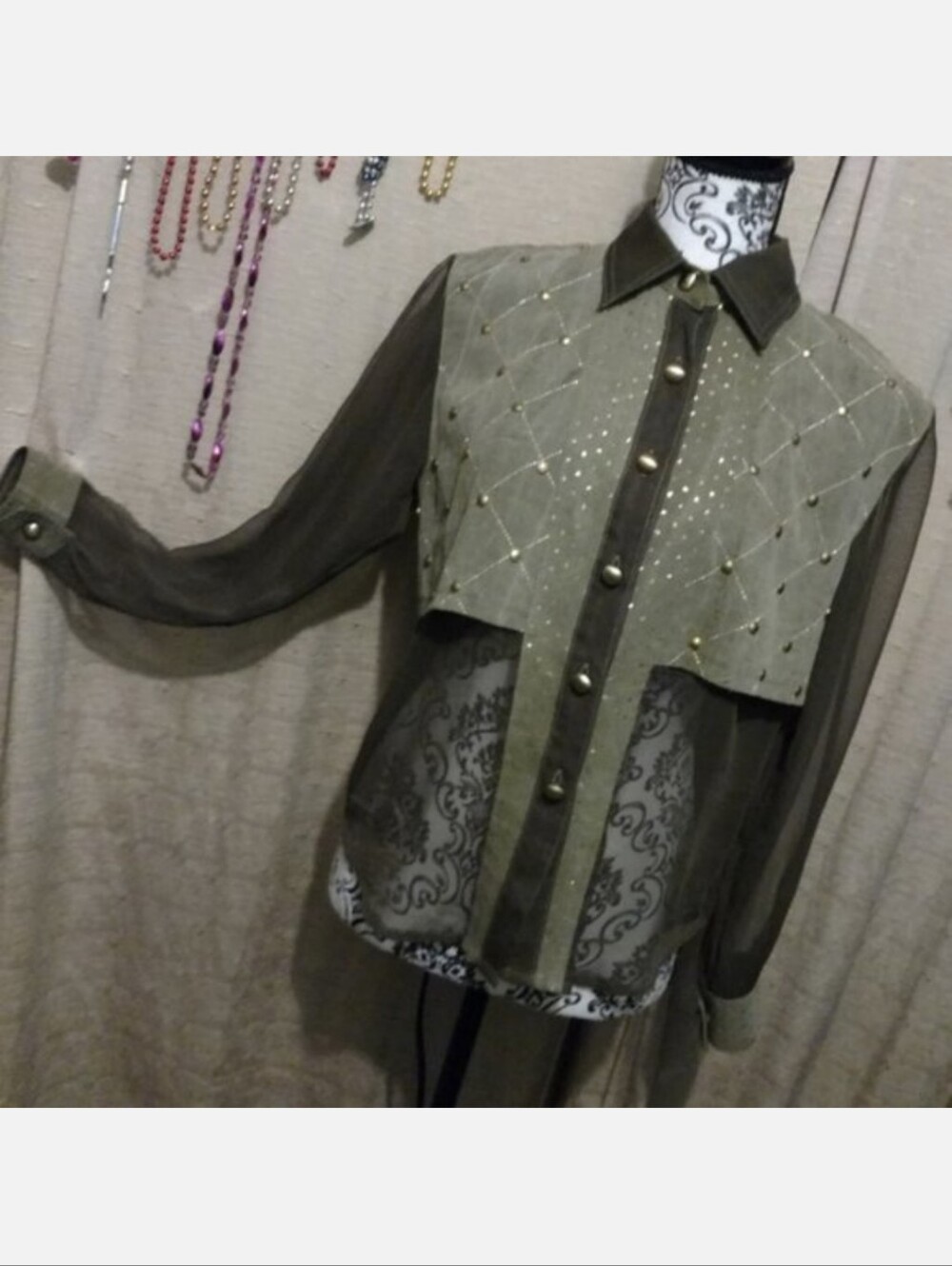 Vera Cristina Denim & Sheer Green Gold Studded Top Small